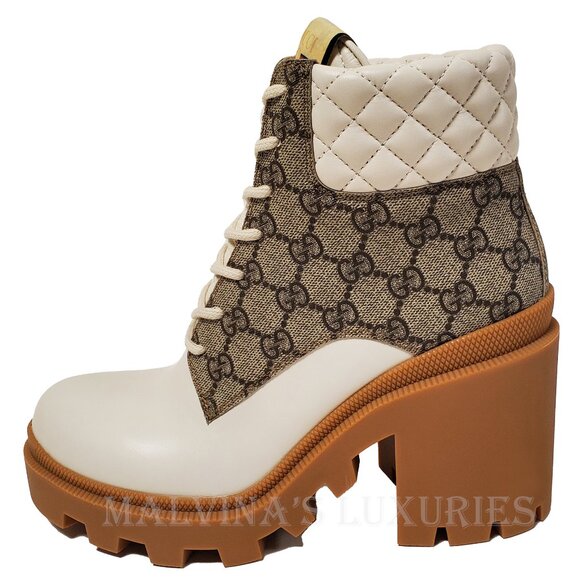 GUCCI BOOTS GG LOGO PLATFORM BLOCK HEEL ANKLE BOOTIES QUILTED - Picture 8 of 16
